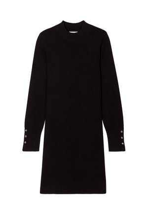 Schwarzes Langarmkleid mit hohem Ausschnitt, aus weichem Material gefertigt. Verfügt über Knopfdetails an den Bündchen und eine gerade Silhouette.