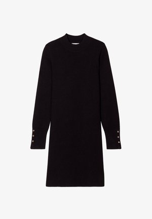 Robe noire à manches longues avec un col haut, fabriquée dans un matériau doux. Présente des accents de boutons aux poignets et une silhouette droite.