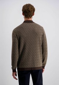 Brauner, gemusterter Pullover mit einem strukturierten Rautendesign, gerippten Bündchen und Saum sowie einem dunkleren braunen Kragen. Von hinten getragen.