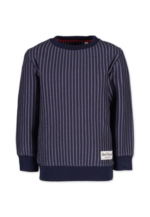 Marineblauer Langarmpullover mit vertikalen weißen Streifen, gerippten Bündchen und Saum sowie einem kleinen weißen Markenlabel vorne unten.
