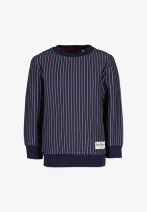 Navyblå langærmet sweater med lodrette hvide striber, ribbet manchetter og kant samt et lille hvidt mærke foran i bunden.