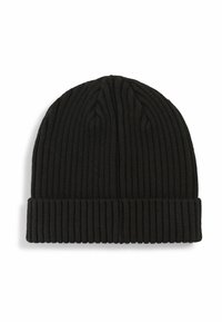 Cappello beanie nero a coste con risvolto, texture morbida e motivo verticale. Progettato per calore e comfort.