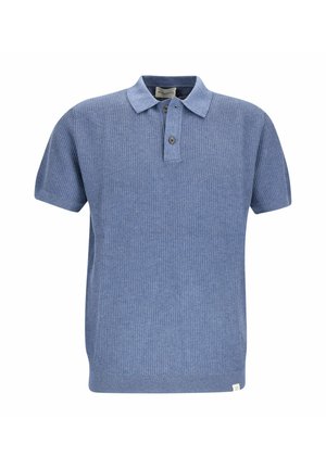 Short-sleeve blue polo shirt with textured knit fabric, two buttons, and a small white tag at the hem.