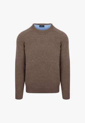 Bruine gebreide trui met een ronde halslijn en lange mouwen. Heeft een gladde textuur en geribde zoom. Binnenkant van de kraag is lichtblauw.