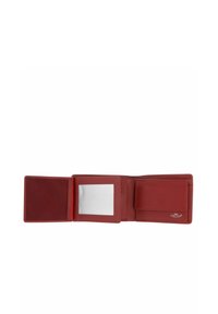 Portefeuille cuir rouge trifold ouvert montrant une fenêtre d'identification claire, une poche à monnaie avec rabat et des emplacements pour cartes sur fond blanc.