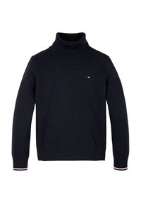 Maglione a collo alto blu navy realizzato in morbido tessuto a maglia. Presenta polsini a coste con una striscia rossa e bianca, e un piccolo logo sul petto.
