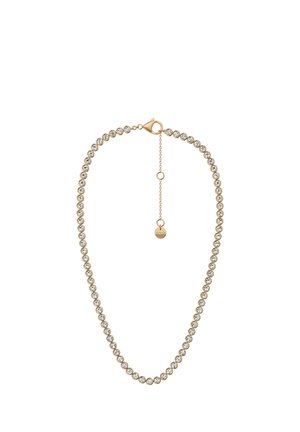 Goldene Halskette mit klaren runden Kristallen entlang der Kette und einem goldenen Karabinerverschluss mit verstellbarer Kette und kleinem rundem Anhänger.