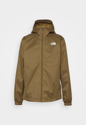 Brązowa kurtka z kapturem zapinana na zamek, z elastycznymi mankietami, z logo The North Face na lewej piersi.