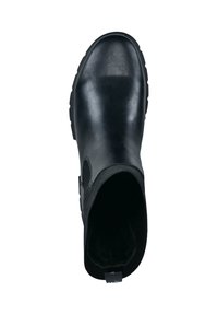 Black ankle boot with a glossy finish, elastic side panels, rounded toe, and textured fabric around the ankle for comfort.