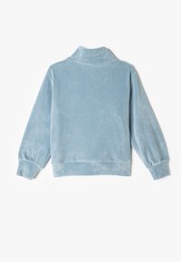 Lichtblauwe, zachte velours pullover met een hoge kraag, elastische manchetten en een relaxte pasvorm. Vlotte textuur zonder patronen of noemenswaardige accenten.