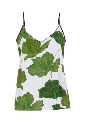 Lekki top bez rękawów z białym tłem i dużymi zielonymi wzorami liści, z dekoltem w kształcie litery V oraz cienkimi regulowanymi ramiączkami.