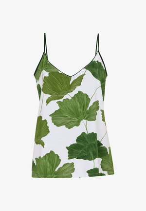 Lekki top bez rękawów z białym tłem i dużymi zielonymi wzorami liści, z dekoltem w kształcie litery V oraz cienkimi regulowanymi ramiączkami.