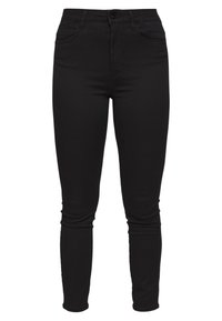 Jeans de ganga pretos com um corte slim, design de cinco bolsos, fecho de correr à frente e fecho de botão. Tecido elástico com uma textura suave.