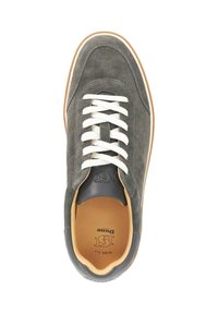 Grey suede sneaker with a white lace-up design, leather accents, and a tan rubber sole. Features a logo on the insole and a wide fit.