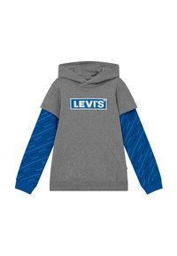 Felpa grigia con tasca frontale e grande logo "LEVI'S" blu. Le maniche blu presentano strisce diagonali bianche e testo del marchio.