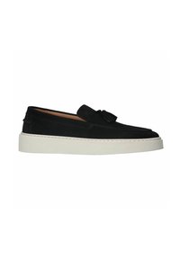 Schwarze Wildlederschuhe zum Hineinschlüpfen mit einer weißen Gummisohle, die vorne mit einem dekorativen Quasten versehen sind und ein glattes Oberdesign aufweisen.
