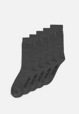 Five pairs of dark gray socks, made of soft cotton blend, featuring a ribbed top and printed logo "JAK&JONES" on each side.