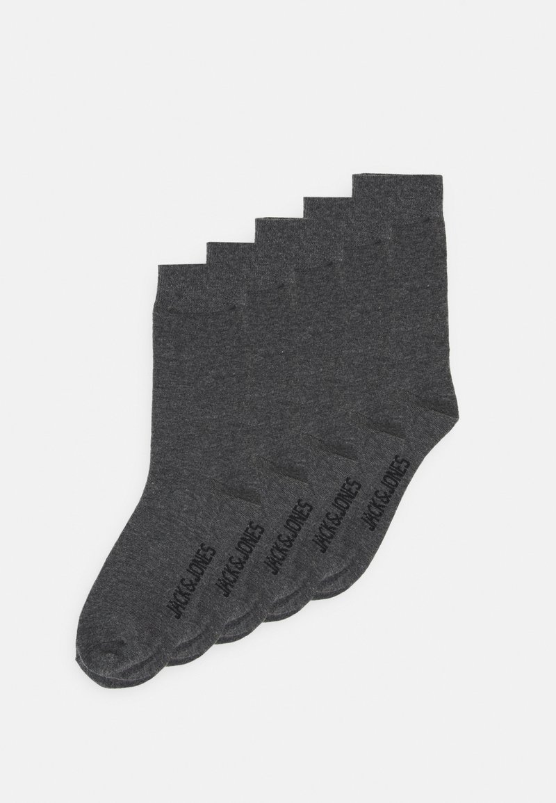 Fünf Paar dunkelgraue Socken, aus einem weichen Baumwollmix, mit einem gerippten Bündchen und dem bedruckten Logo "JAK&JONES" auf jeder Seite.