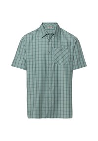 Korte mouwen shirt in licht teal met een geruit patroon, voorzien van een zak en knoopsluiting; gemaakt van gladde, lichte stof.