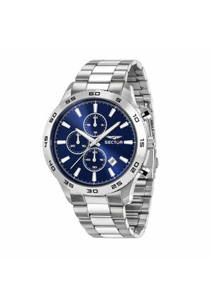 Orologio cronografo in acciaio inossidabile argentato con quadrante blu, tre sottoquadranti, visualizzazione della data e lunetta numerata su bracciale a maglie in metallo.