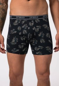 Navy blue boxers with a palm leaf pattern in beige and teal. Features an elastic waistband with "JP1880" logo. Made of soft, stretch fabric.