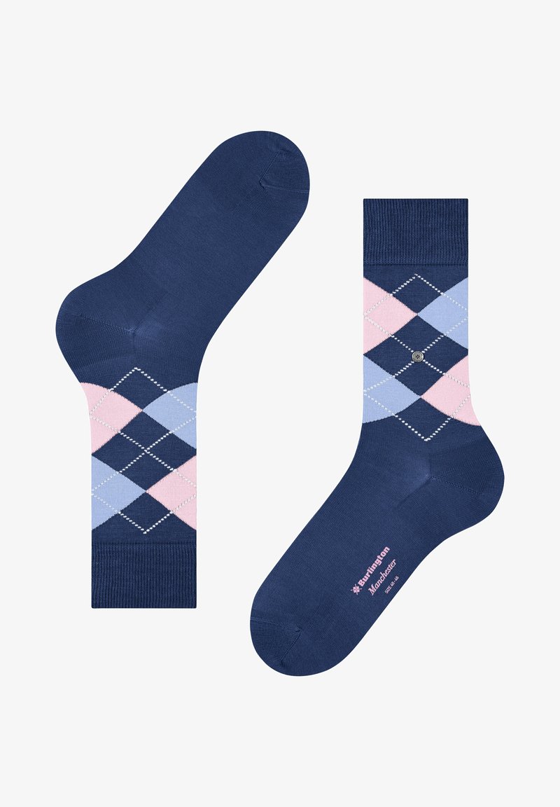 Marineblaue Socken mit einem Rautenmuster in Hellblau und Pink. Verstärkter Zehen- und Fersenbereich mit Logo-Detail in der Nähe des Knöchels. Weicher Stoff.