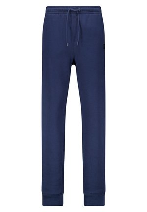 Pantalons de survêtement bleu marine en tissu doux, avec une taille élastique à cordon de serrage, des poignets côtelés et un petit logo sur le côté.