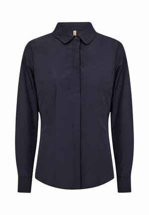 Tumesinine puuvillane pikkade varrukatega särk, millel on nööpkinnitused, terav krae ja peened voldid esiküljel.