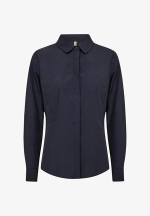 Tamnoplava pamučna košulja s dugim rukavima, s kopčanjem na gumbe, špicastim ovratnikom i suptilnim naborima sprijeda.
