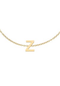 Zelta ķēdes kaklarota ar izteiktu blokveida burti "Z" piekariņu, vienmērīga krāsa, gluda virsma un smalks ķēdes dizains.