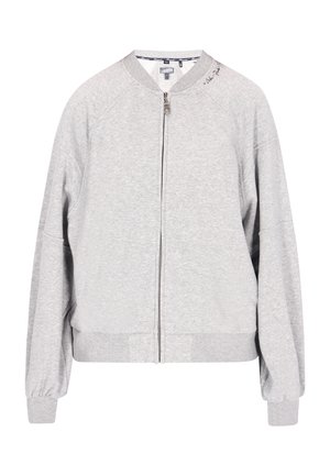 Siva bomber jakna iz mehkega blaga, z zadrgo spredaj, raglan rokavi, rebrasti manšeti in šivano podrobnostjo blizu ovratnika.