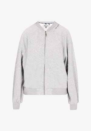 Siva bomber jakna iz mehkega blaga, z zadrgo spredaj, raglan rokavi, rebrasti manšeti in šivano podrobnostjo blizu ovratnika.