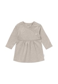 Beżowa sukienka dla niemowląt z długim rękawem, z zapinanym przodem i zatrzaskami, z marszczoną talią i miękkim materiałem.
