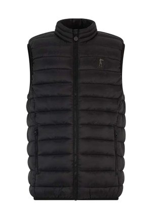 Schwarze gepolsterte Weste mit hohem Kragen, vorderem Reißverschluss und zwei Seitentaschen. Mit horizontalen Steppnähten und einem dezenten Logo auf der Brust.