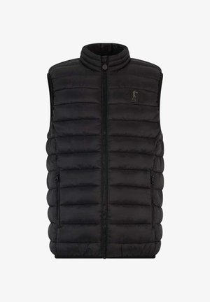 Schwarze gepolsterte Weste mit hohem Kragen, vorderem Reißverschluss und zwei Seitentaschen. Mit horizontalen Steppnähten und einem dezenten Logo auf der Brust.