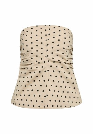 Beež vööteta top mustade täpiliste laikudega, külgedel voltidega ja veidi lehviva alumise äärega.