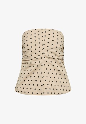 Beiges trägerloses Oberteil mit schwarzen Polka-Dots, gerafften Seiten und einem leicht ausgestellten Saum.