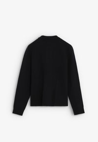 Zwarte gebreide cardigan met een opgerolde kraag, lange mouwen en een relaxed fit. Soepele textuur, geen zichtbare patronen of hardwaredetails.