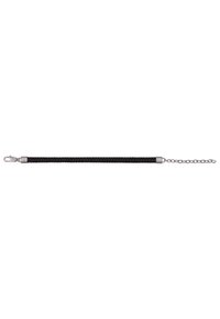 Pulsera de cuero trenzado negro con extremos metálicos y una extensión de cadena. El diseño es elegante y minimalista, enfatizando la textura y la forma.