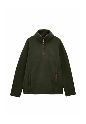 Tummanvihreä fleece-takki pitkillä hihoilla, pystykauluksella, puolivetoketjulla edessä ja kahdella vetoketjullisella sivutaskulla.