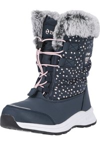 Marineblaue Winterstiefel mit weißen Punkten, grauem Kunstfellbesatz, rosa Schnürsenkeln und einer strukturierten schwarzen Gummisohle für besseren Halt.