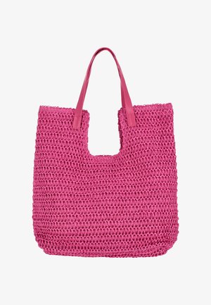 Rózsaszín szövött bevásárlótáska téglalap alakú, nyitott tetejű, két lapos fogóval, amely texturált mintázatot és kivágott részt mutat.