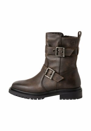 Brown leather ankle boot featuring two adjustable buckle straps, a round toe, and a textured rubber sole with a moderate heel height.