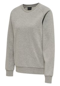 Szara bluza z miękkiego materiału, z okrągłym dekoltem, długimi rękawami z ściągaczami i luźnym krojem.