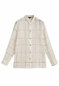 Lys beige skjorte med lange ærmer, prydet med en knaplukning foran og et rutemønster, der er skitseret med tynde mørke linjer. Klassisk kravedesign.