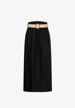 Czarna midi spódnica z miękkiego materiału, z elastycznym pasem i wplecionym beżowym paskiem z okrągłą klamrą.