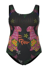 Schwarzer Einteiler-Badeanzug mit symmetrischen rosa Panthern, orangefarbenen und grünen tropischen Blumen sowie Blättern in lebendigen Farben.