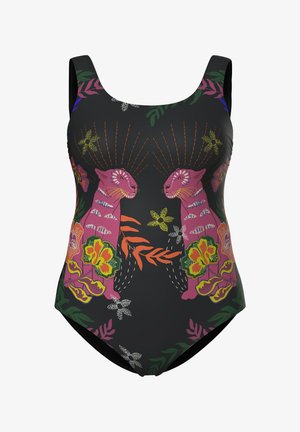 Zwart eendelig badpak met symmetrische roze panters, oranje en groene tropische bloemen en bladeren in levendige kleuren.