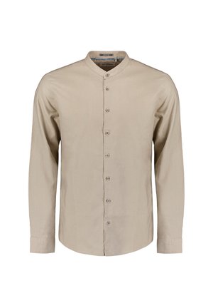 Beige langarmshirt met een mandarinakraag, front knoopsluiting en een zachte textuur. Heeft een minimalistisch ontwerp zonder patronen.