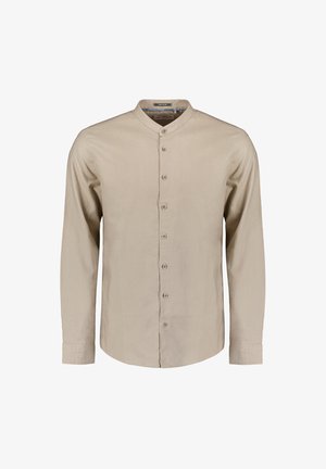 Beige langarmshirt met een mandarinakraag, front knoopsluiting en een zachte textuur. Heeft een minimalistisch ontwerp zonder patronen.